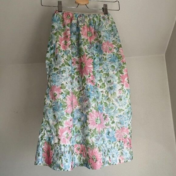 Vintage Floral Slip Skirt Groovy MCM Midi Pleated Retro Print Pastel Small - Picture 7 of 8